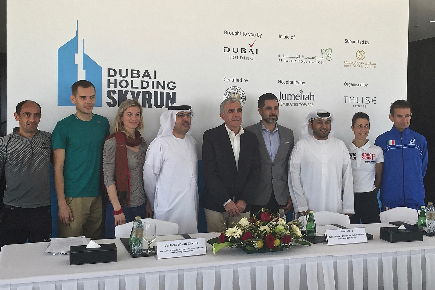 Marino Giacometti, President, International Skyrunning Federation, centre, at the 2016 Dubai Holding SkyRun presentation. (c) ISF 